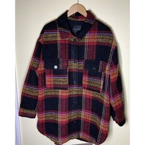Sanctuary Women's Town Jacket Shacket Button Up Black Red Plaid Size XXL
